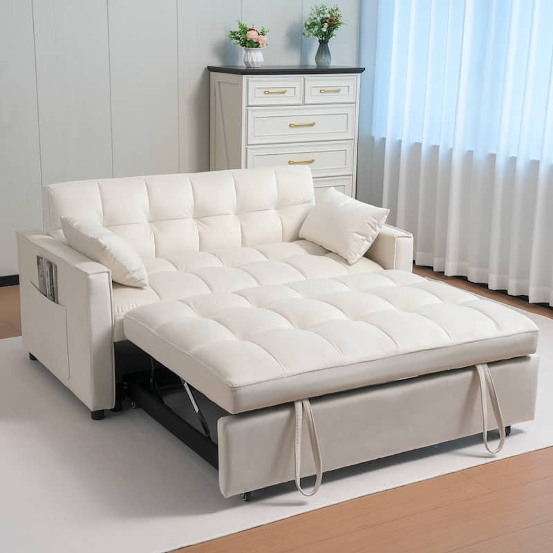 3 in 1 Convertible Sleeper Sofa Bed 2 Seater Velvet Upholstered Sofa Bed with Adjustable Backrest, Futon Couches with 2 Pillows