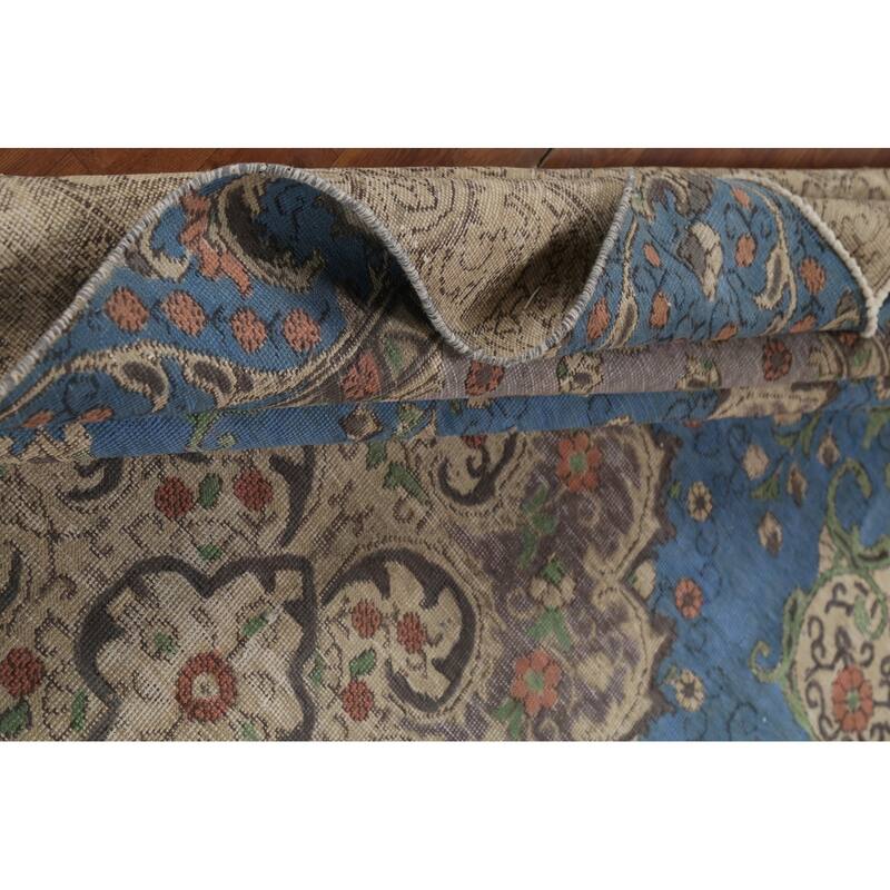 Distressed Blue Tabriz Persian Vintage Rug Hand-Knotted Wool Carpet - 6'10"x 10'8"