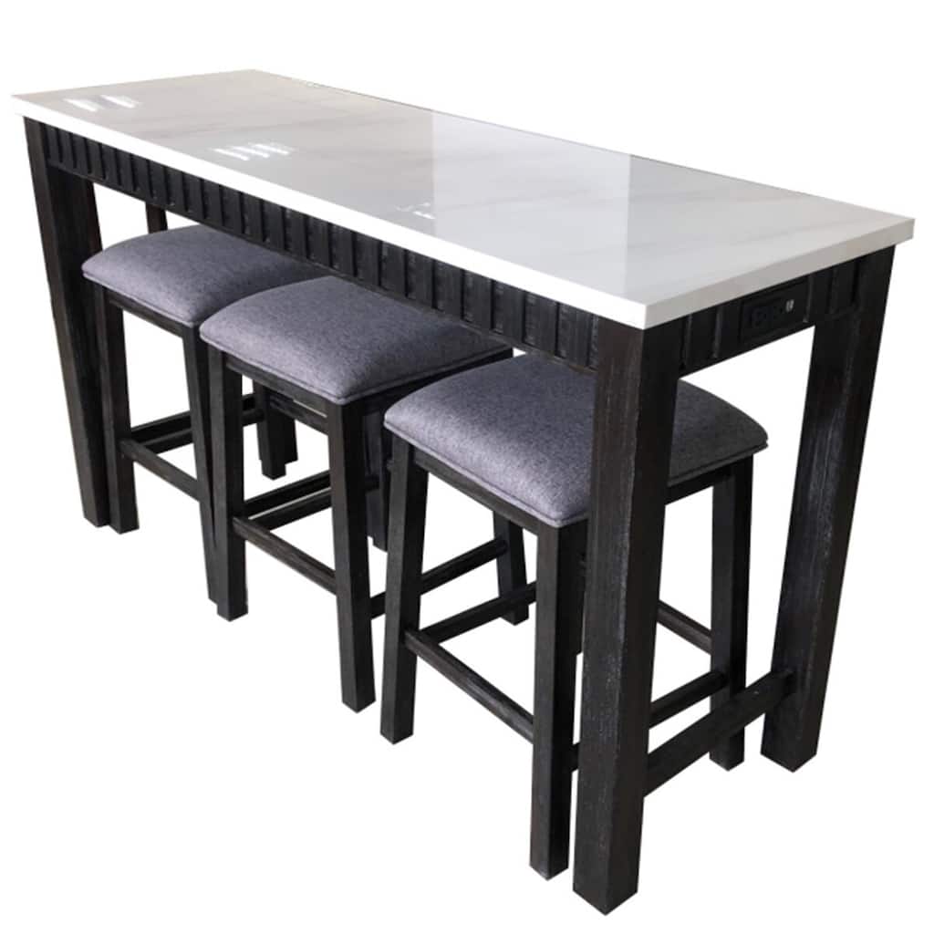 4 Piece Marble Top Table and Stool Set, White and Brown
