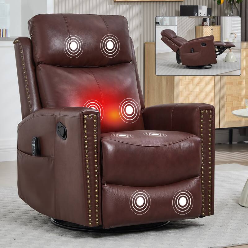 Roomfitters Genuine Leather Swivel Rocker Recliner, Manual Massage Glider with Heat and Top Grain Cowhide, Living Room