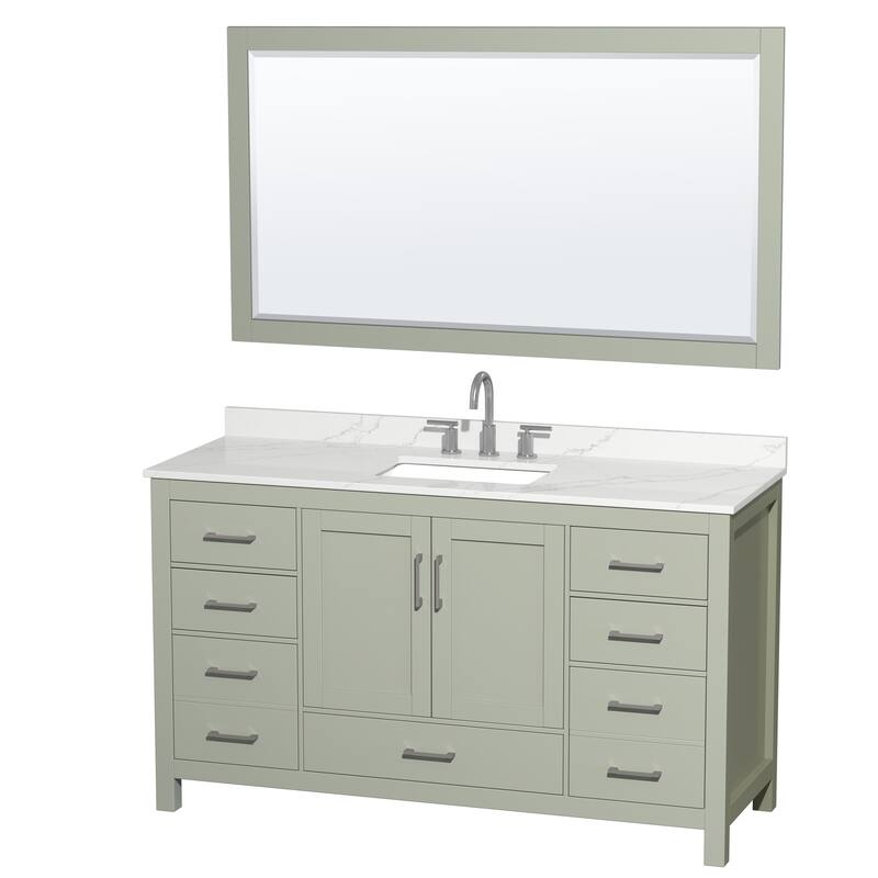 Sheffield 60-inch Single Vanity, 3 Hole Quartz Top, 58-inch Mirror - Light Green, Nickel Trim, Giotto Quartz Top