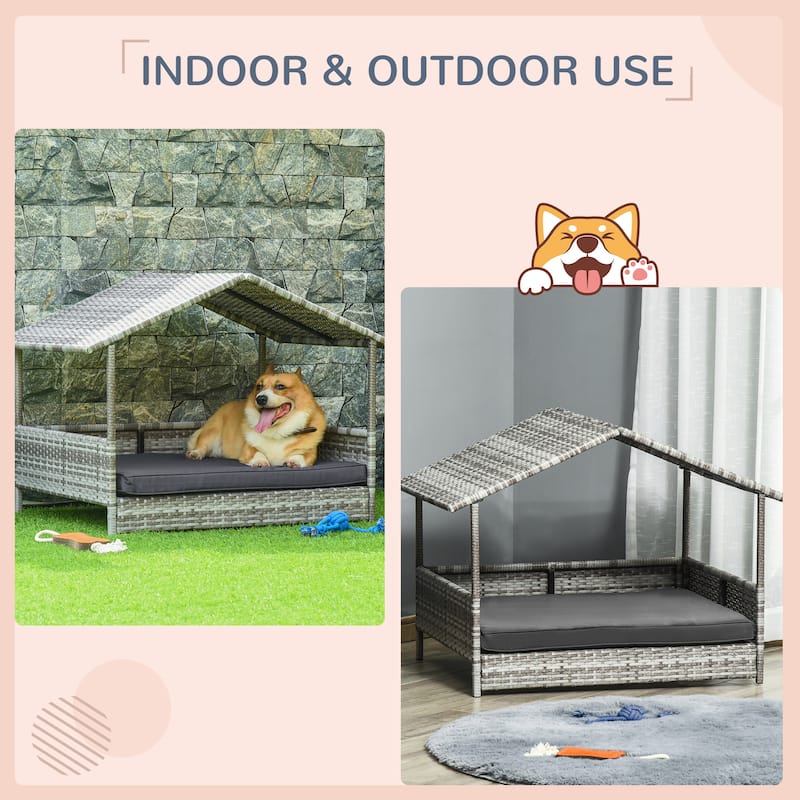Wicker Dog House Outdoor with Canopy, Rattan Dog Bed with Water-resistant Cushion, for Small and Medium Dogs