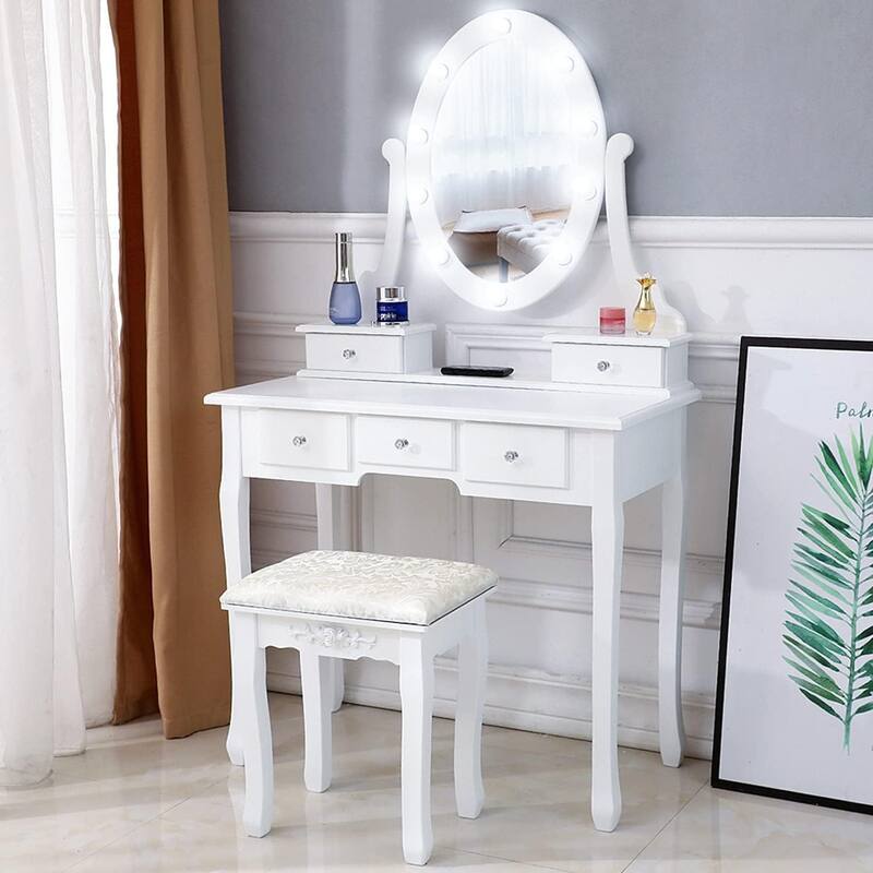 Modern Makeup Vanity Desk with Mirror, Light and Stool - Milk White