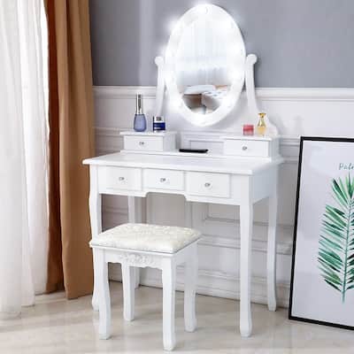 Modern Makeup Vanity Desk with Mirror, Light and Stool