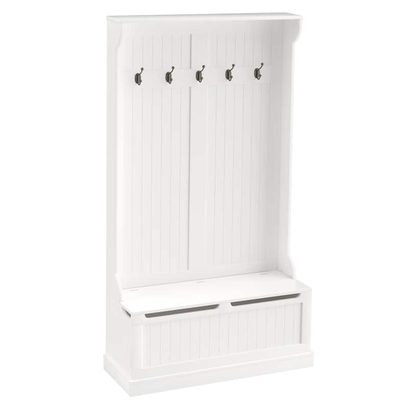 38" White 3 in 1 Hall Tree - Storage Bench, Coat Rack, Shoe Storage - Cream White