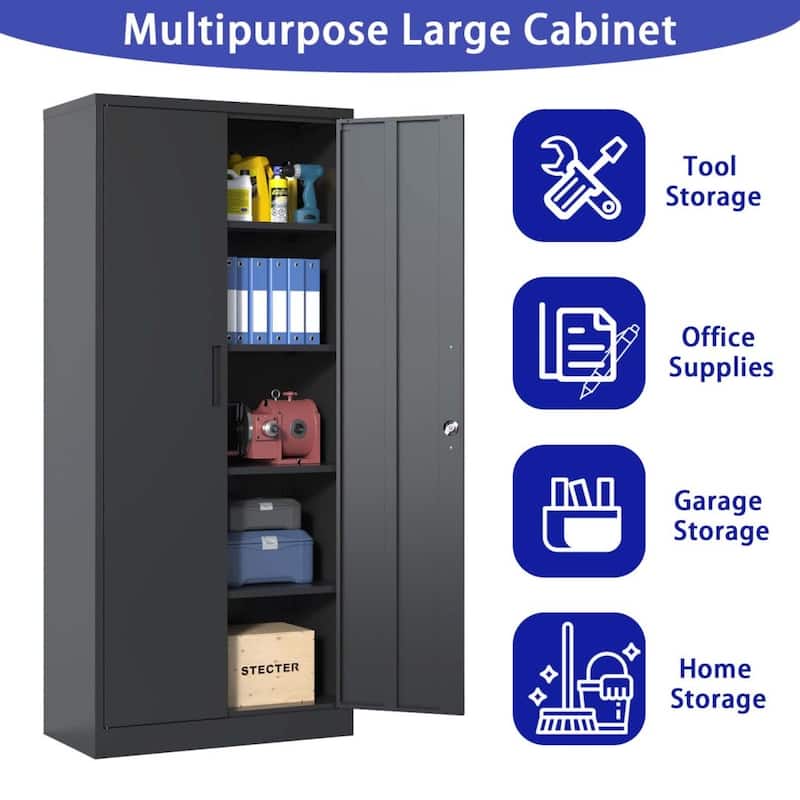 72"H Metal Garage Storage Cabinet Black Tool Steel Locking Cabinet with Doors and 4 Shelves