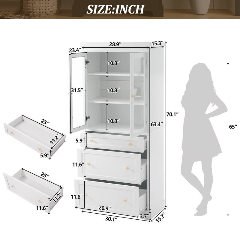 70.1" Tall Bathroom Floor Storage Cabinet, Freestanding Cabinet with Soft Close Glass Doors, Adjustable Shelves