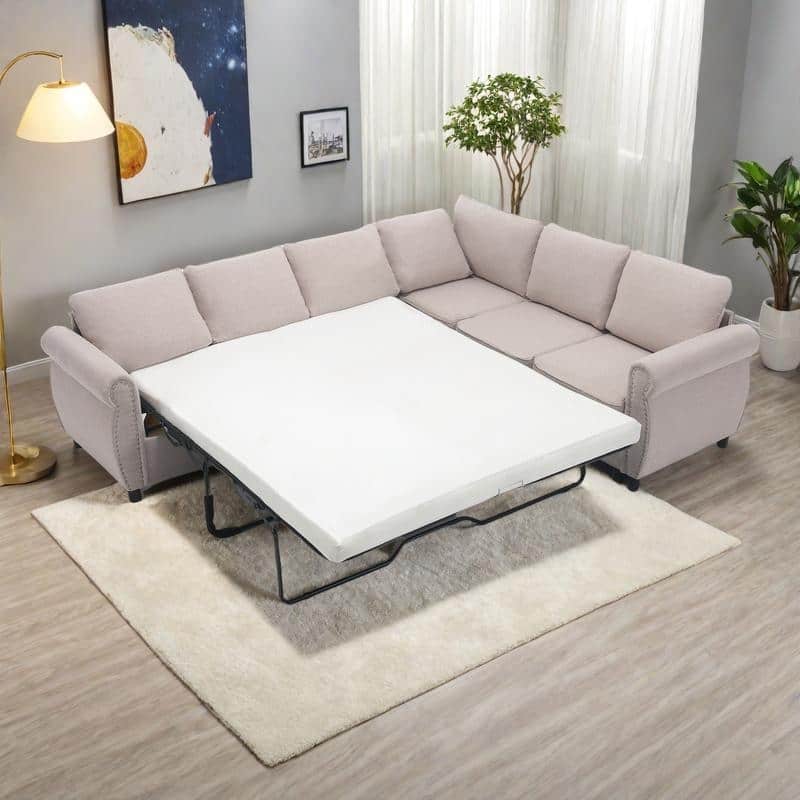104" Polyester L-Shaped 6-Seater Sleeper Sofa with Pull-Out Queen Bed and 7 Removable Cushions - Beige