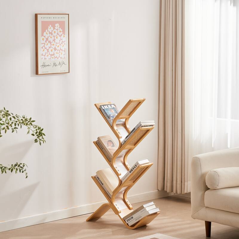 Rattan Tree Bookshelf 6-Tier Freestanding Bookcase for Living Room - 23.2"w x 7.9"d x 42.5"h