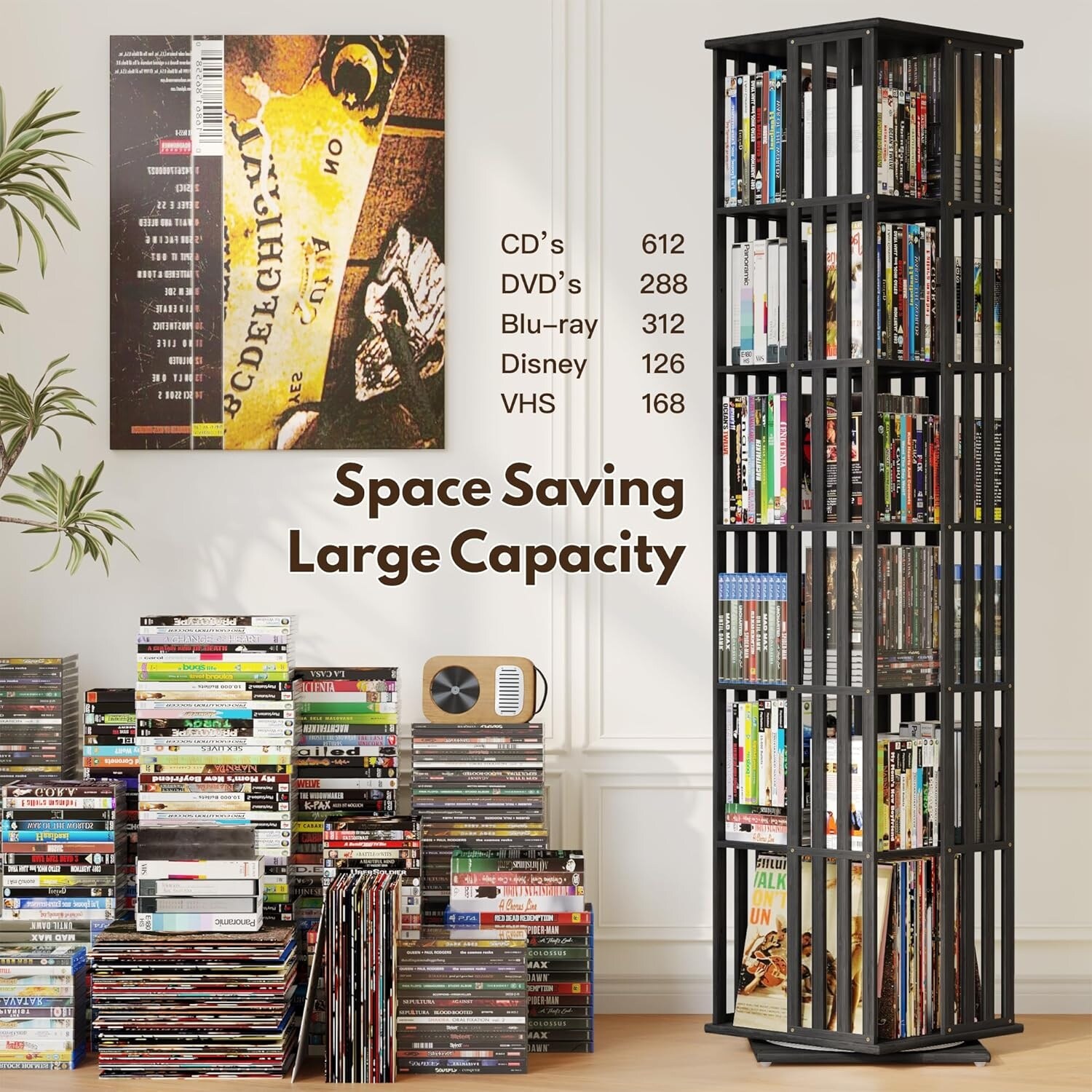 CD＆DVDラック　6段　BK Rotating-Bamboo-CD-DVD-Shelf--