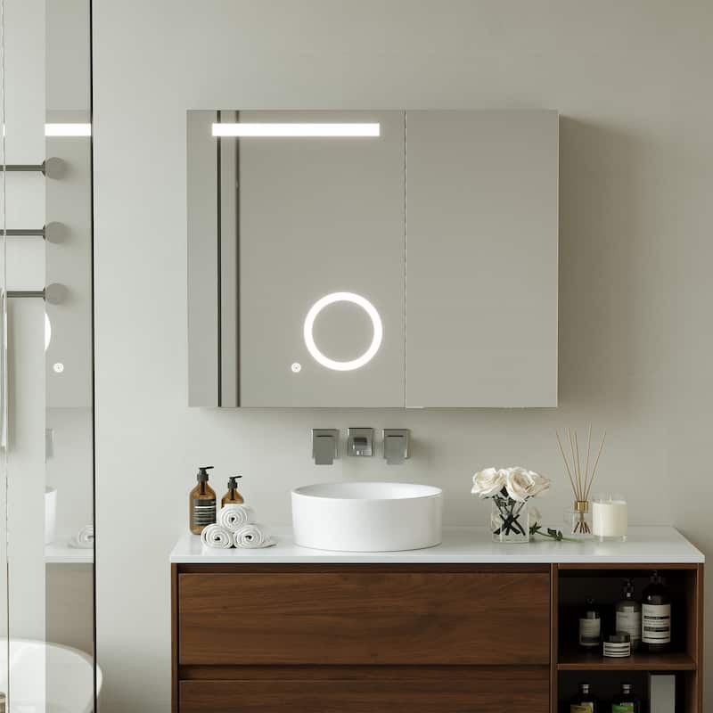 Modern LED Vanity Mirror Cabinet With Adjustable Lighting & Magnifying Mirror