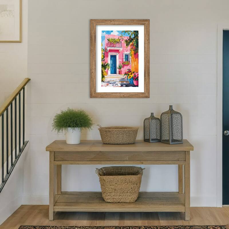 Colorful Mediterranean House Pink Flowers Blue Wood Framed Wall Art Print