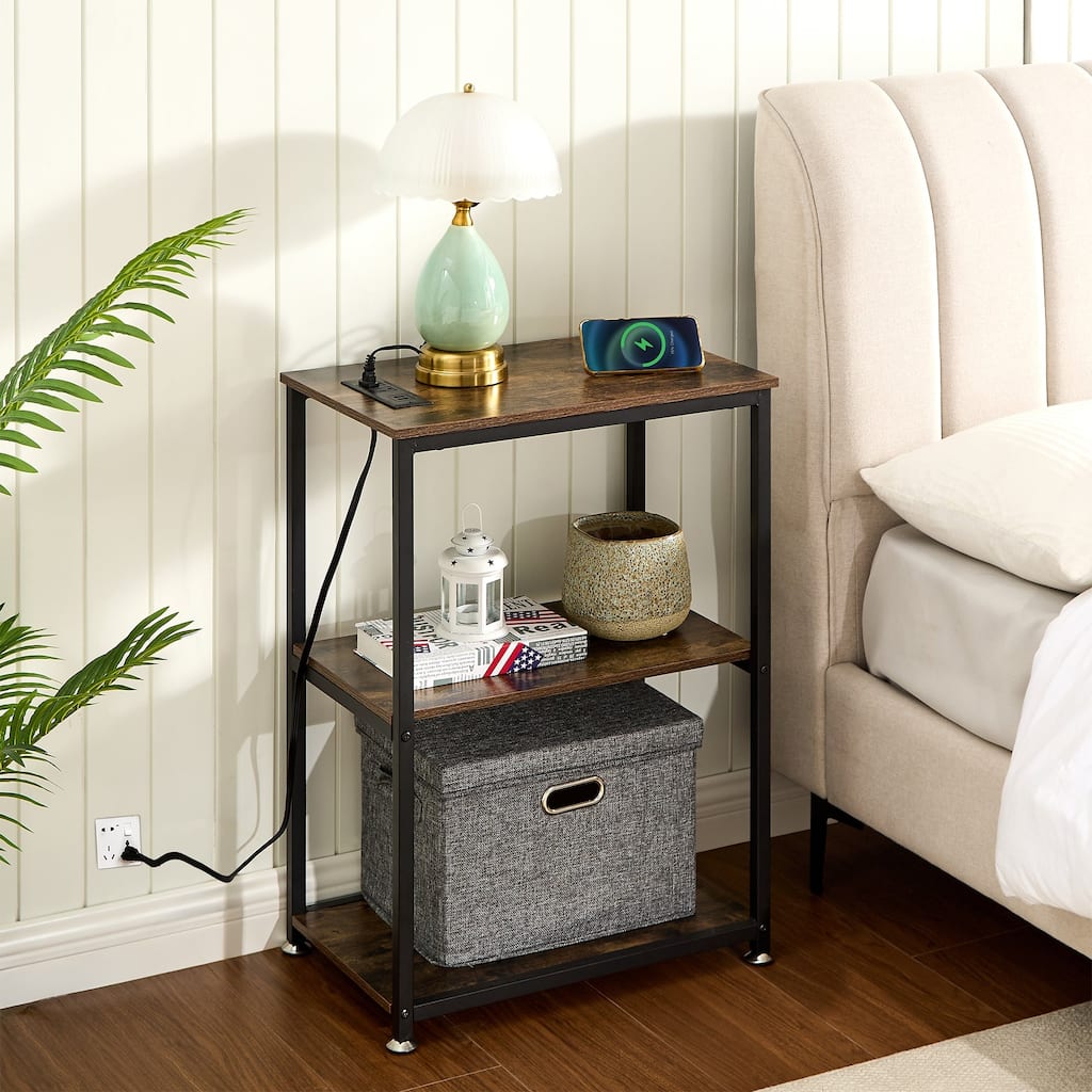 VECELO Industrial Nightstand with Charging Station 3-Tier End Table Bedside Table Black Steel Frame for Small Spaces