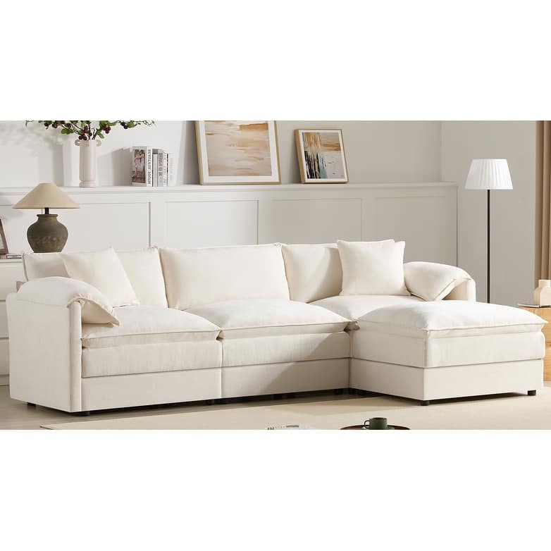 Chenille Modular Sectional Sofa, L Shaped Upholstered Cloud Couch Set, Oversized 4 Seat Sofa with Movable Ottoman