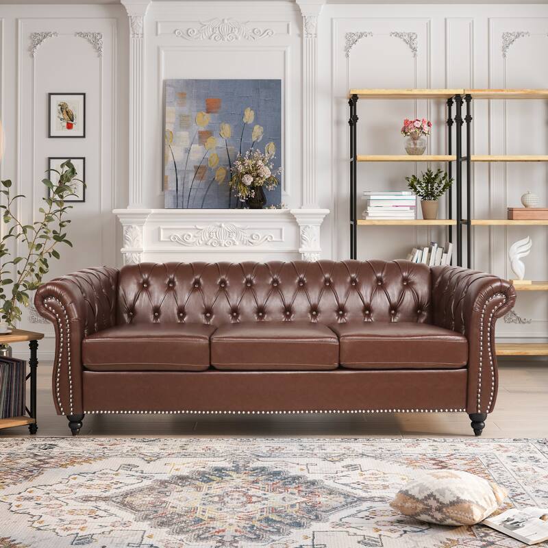 84" PU Rolled Arm Chesterfield Three Seater Sofa