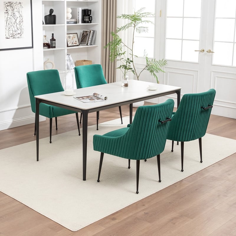 SEYNAR Modern Glam Velvet Black Metal Legs Dining Chair or Vanity Chair Set of 4 with Rear Handle - Dark Green
