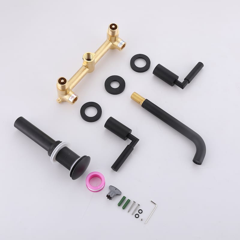 Solid Brass Wall Mounted Widespread 2-Handle Bathroom Faucet With Pop-up Drain Assembly