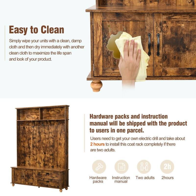 59"W Hall Tree Bench with 5 Coat Hooks,Storage Cabinet and 2 Large Drawers