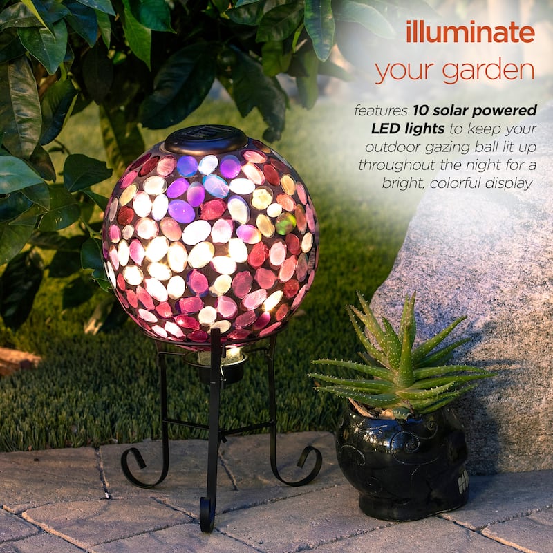 Alpine Corporation Outdoor Solar Powered Pink Glass Mosaic Gazing Globe with LED Lights and Metal Stand, Violet