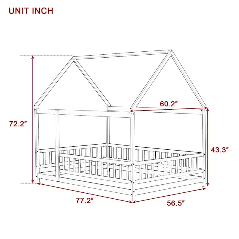 Full Size House Floor Wooden Bed with Roof Frame, Safety Guardrails