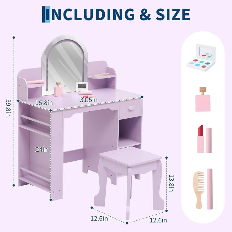 2 in 1 Kids Vanity Table & Stool with Lighted Mirror, Bookshelf and Makeup Palyset