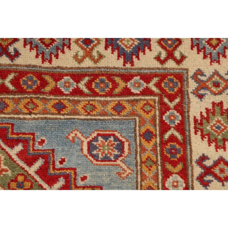 Geometric Kazak Accent Rug Handmade Blue Wool Carpet - 3'5" x 4'10"