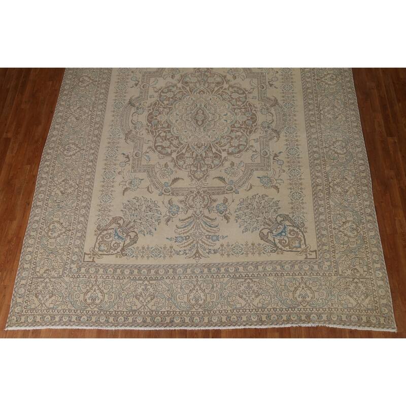 Hand Knotted Oriental 100% Wool Carpet Traditional Floral Beige & Ivories Tabriz Area Rug - 12' 9'' X 9' 7''
