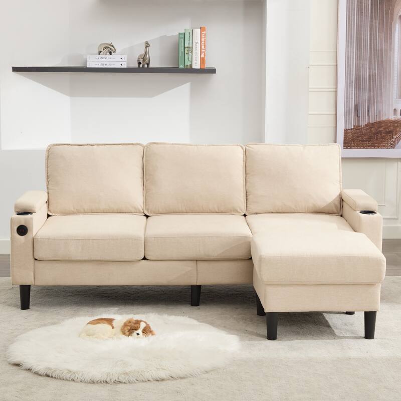 Upholstered Sectional Sofa with Storage Ottoman, USB Port, and Cup Holders