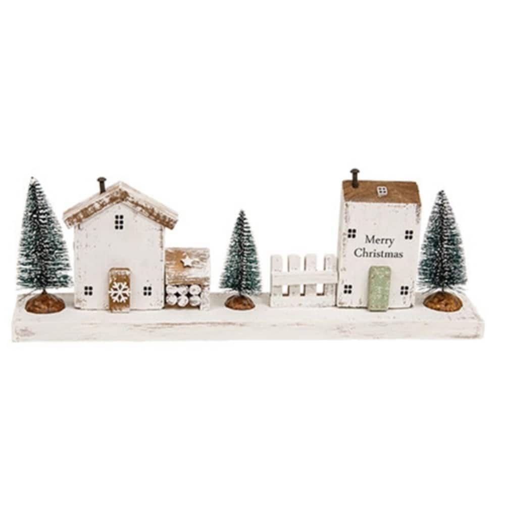 Distressed White Wooden Holiday House Sitter with Mini Trees and Snowflake Rustic Christmas Decor