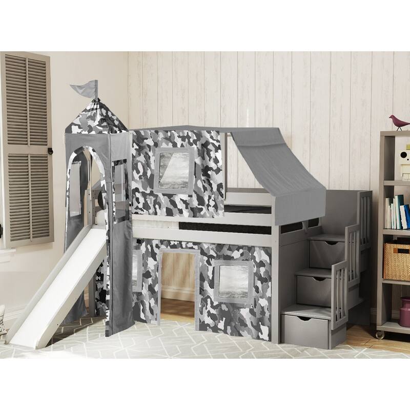 JACKPOT Prince & Princess Low Loft Twin Bed, Stairs Slide Tent & Tower - Grey with Grey Camo Tent