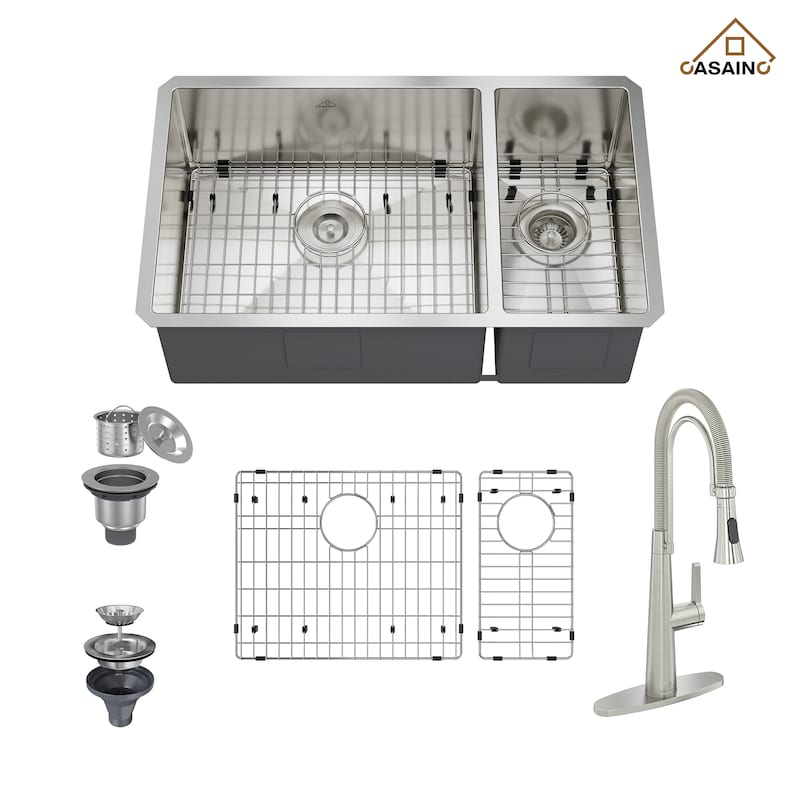 All-in-One Handmade Undermount 60/40 Double Bowl Stainless Steel Kitchen Sink with Faucet, Bottom Grids, and Basket Strainers