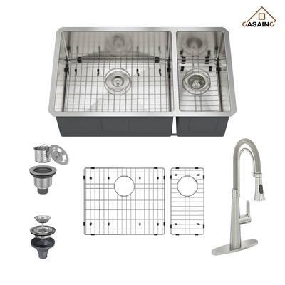 All-in-One Handmade Undermount 60/40 Double Bowl Stainless Steel Kitchen Sink with Faucet, Bottom Grids, and Basket Strainers