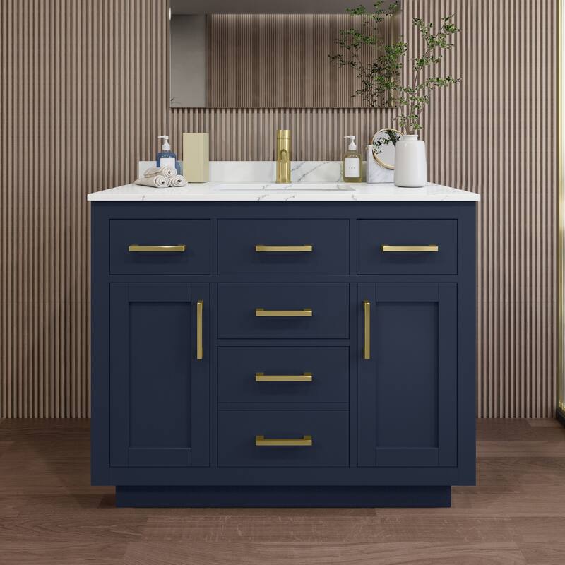 Wyndham Collection WCG262642S-QTZ-UNSMXX Beckett TK 42" Free Standing - Dark Blue / Giotto Quartz Top / Brushed Gold