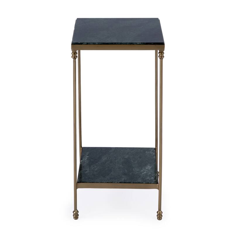 HomeRoots 24" Green and Gold Marble and Iron Square End Table With Shelf - 11.50 in. x 24.00 in. x 11.50 in.