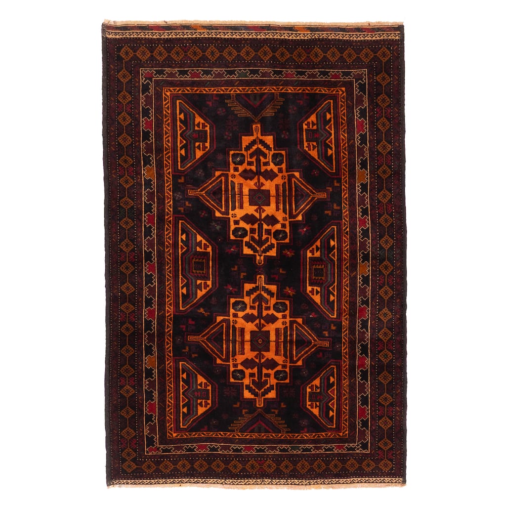 ECARPETGALLERY Hand-knotted Teimani Black, Orange Wool Rug - 4'3 x 6'6