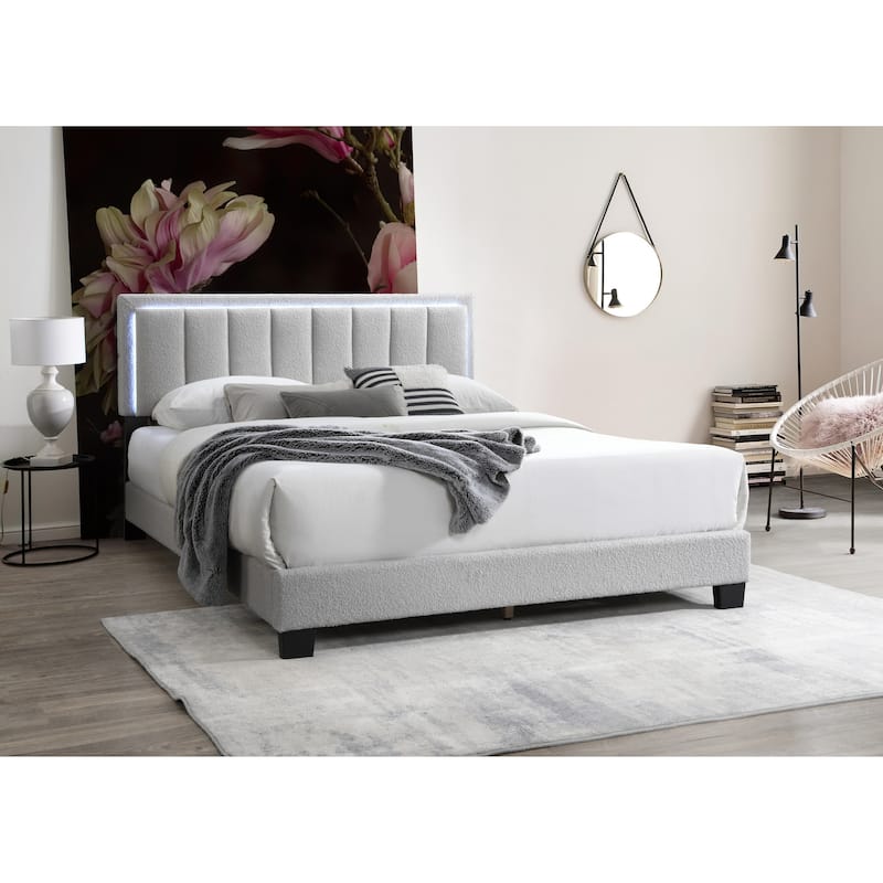 Queen Size Light Gray Wool Fabric Upholstered Bed with LED Headboard and Channel Tufting - Light Gray