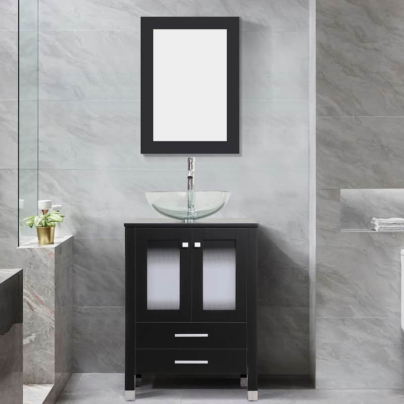 24" Bathroom Vanity with Sink Set Storage Cabinet Combo - Black - B-Glass clear round sink