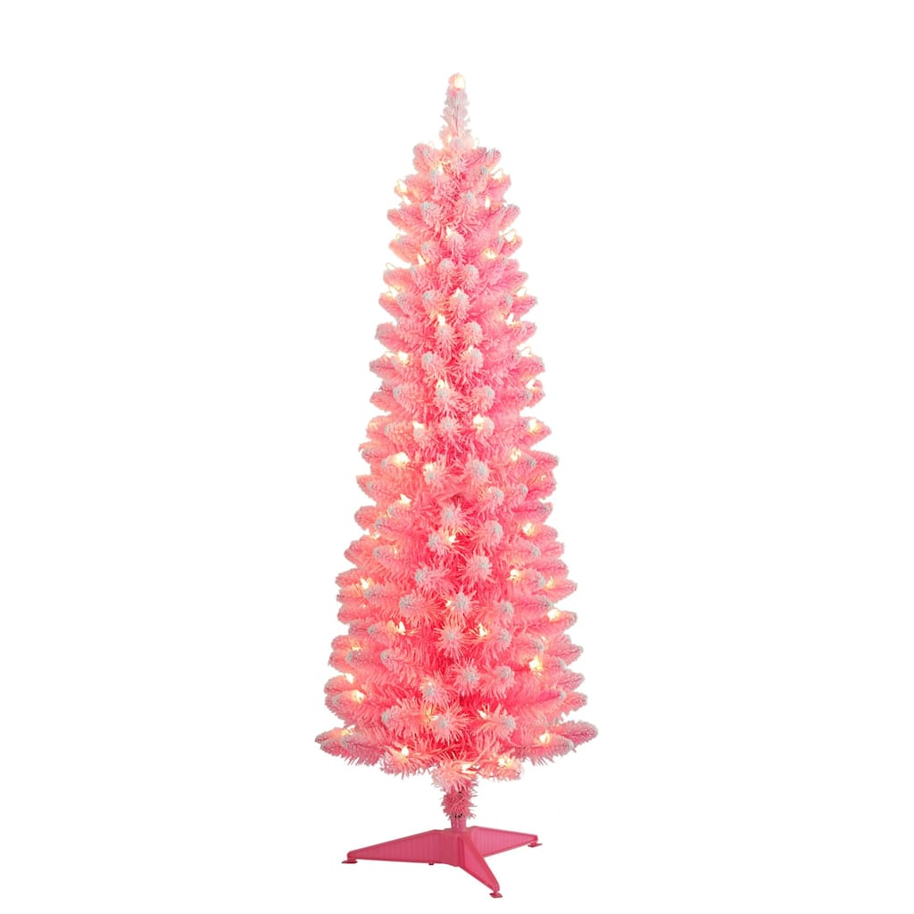4.5' Pencil Flocked Pink Artificial Christmas Tree, Clear Lights - 4.5 Foot