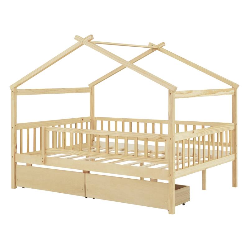 Full Size Wooden House Bed with Two Drawers