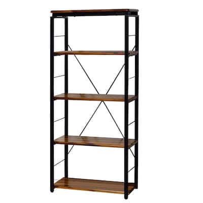 Industrial Bookshelf with 4 Shelves and Open Metal Frame, Brown and Black