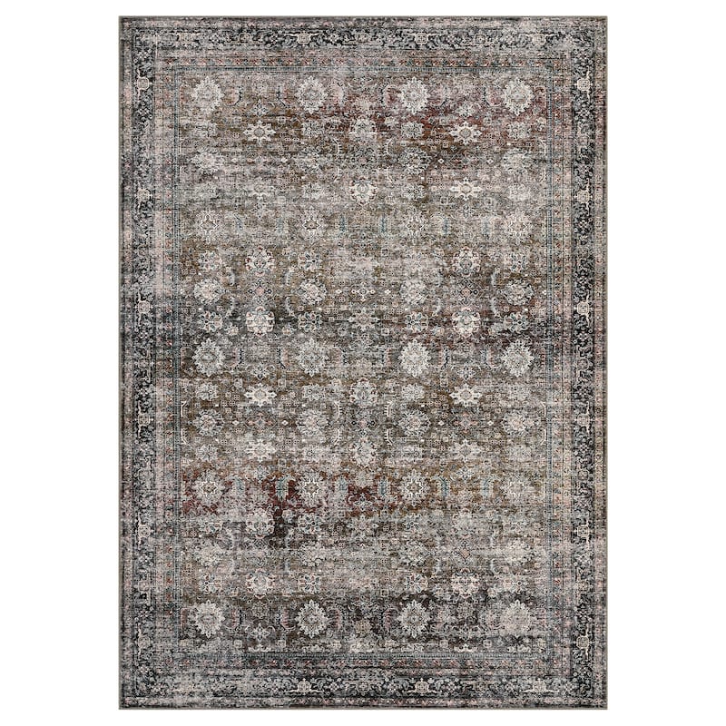 Area Rug Vintage Washable Floral Distressed Living Room Rugs, Soft Low Pile Non-Slip Rugs for Bedroom