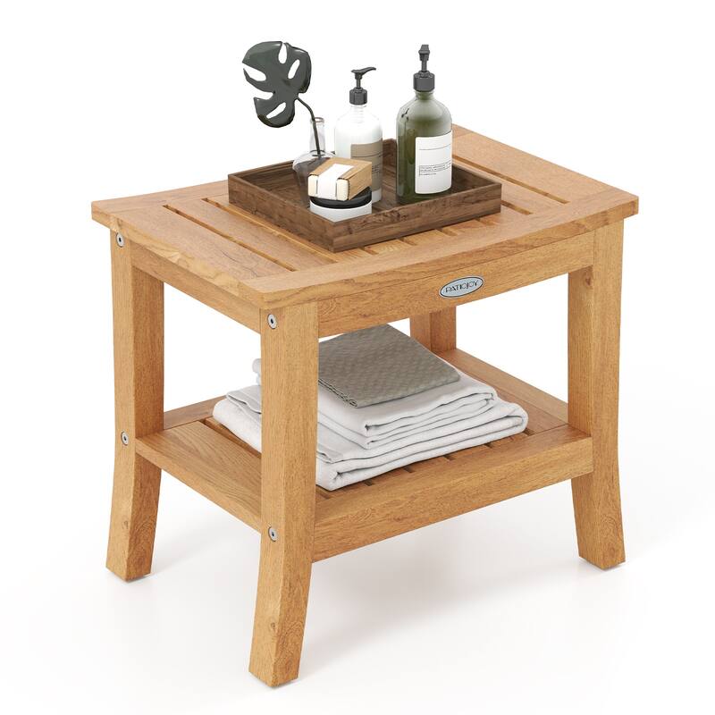 Gymax 20'' Non-slip Shower Bench w/ Storage Shelf Curved Top & - Brown - Natural Finish