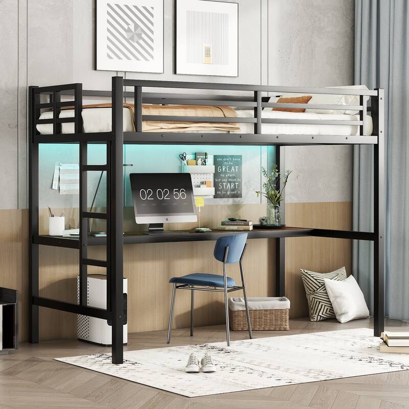 High Metal Twin XL Size Loft Bed Frame with Light Strip, USB, Power Outlet, Wood Desk, Ladder and Safety Guardrails