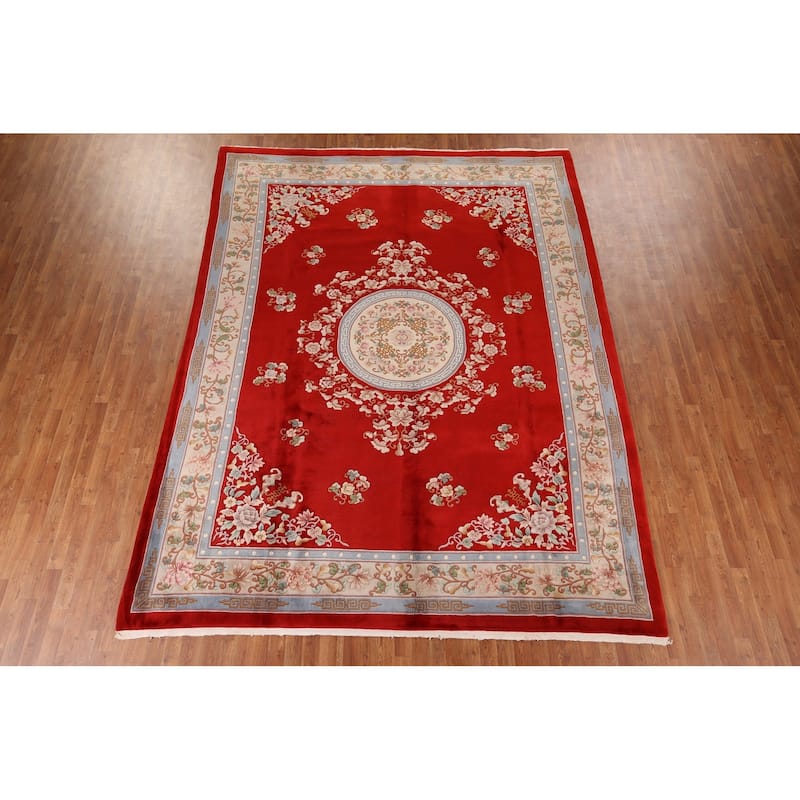 Red Art-Deco Chinese Vintage Area Rug Handmade Wool Carpet - 9'0" x 12'0"