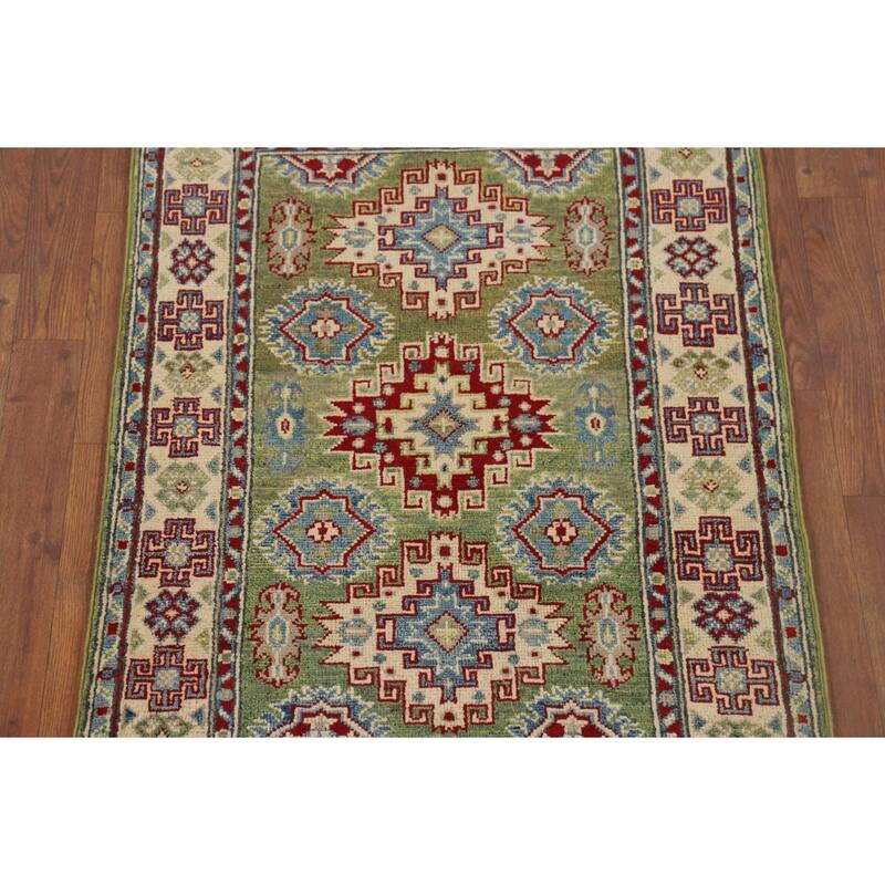 Green Kazak Accent Rug Handmade Oriental Wool Carpet - 2'8" x 3'11"