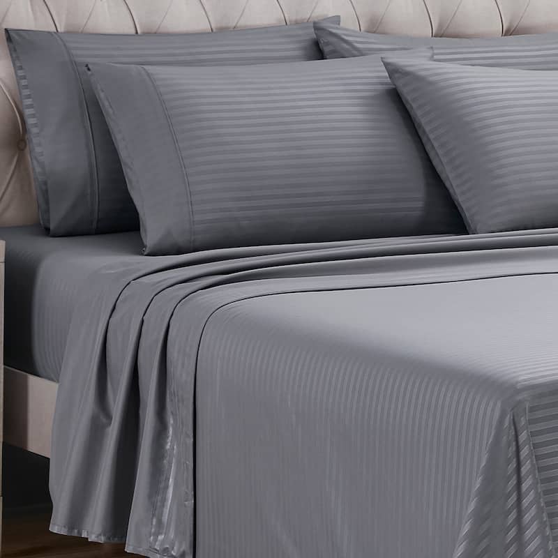 Sweet Home Collection 6 Piece Embossed Dobby Stripe Sheet Set, Double Brushed Microfiber. - Silver - Full