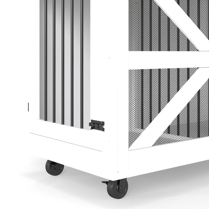 Mobile Dog Crate with Flip-Top Feeding Door, 2-in-1 Convertible Crate with 5 Casters & Side Hooks, Double Dog Crate Furniture