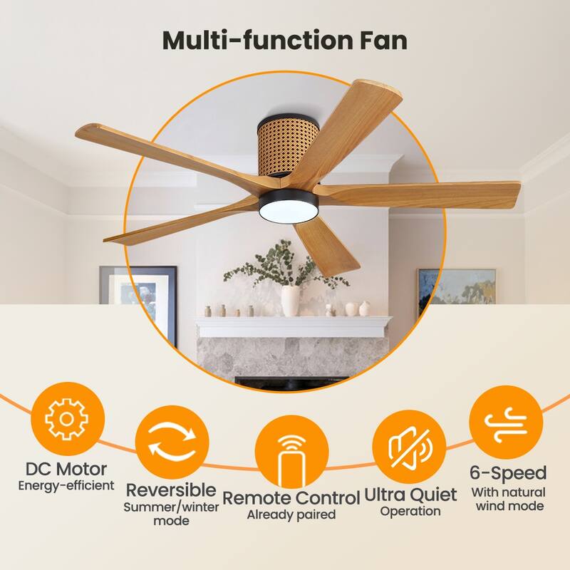 MLiAN 5 Solid Wood Blades Ceiling Fan with Lights Remote Control 6-Speed DC - 54''