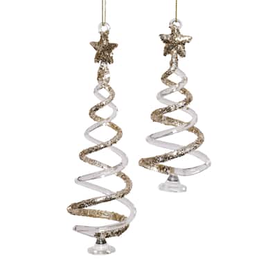 Clear Twisted Glass Tree Ornaments with Gold Glitter, 12 Hanging Pieces (6 Sets of 2)