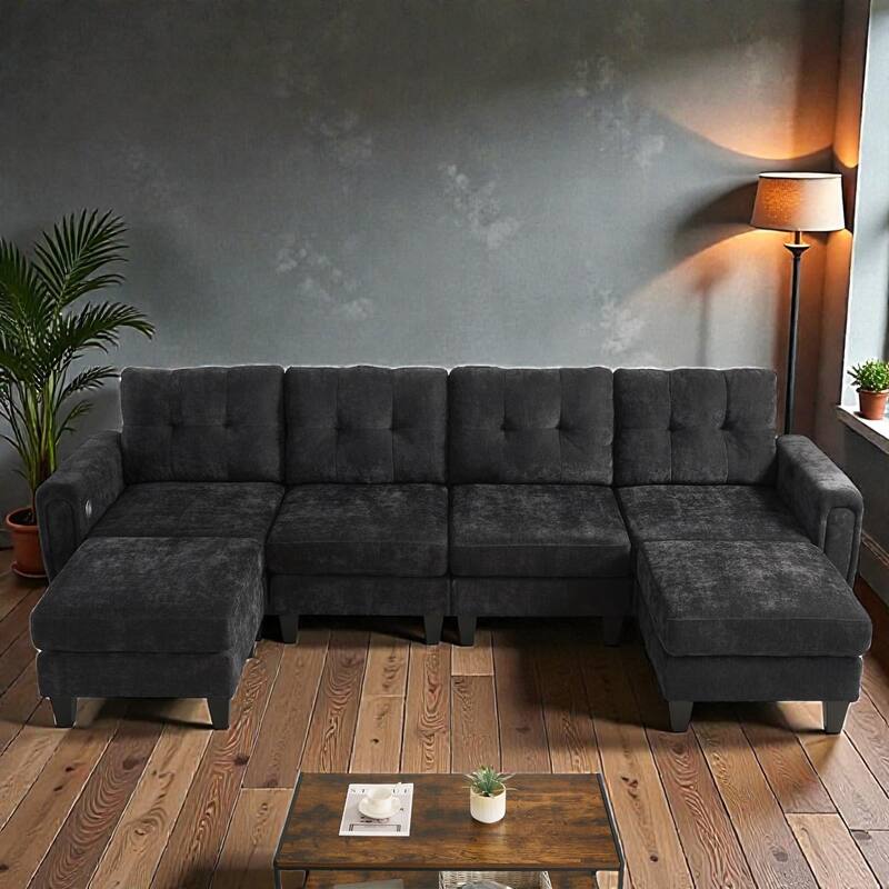Modern 115" U-Shaped Modular Sectional Sofa with 2 Ottomans, USB Charging Ports, Foldable Side Tables, Chenille Upholstery